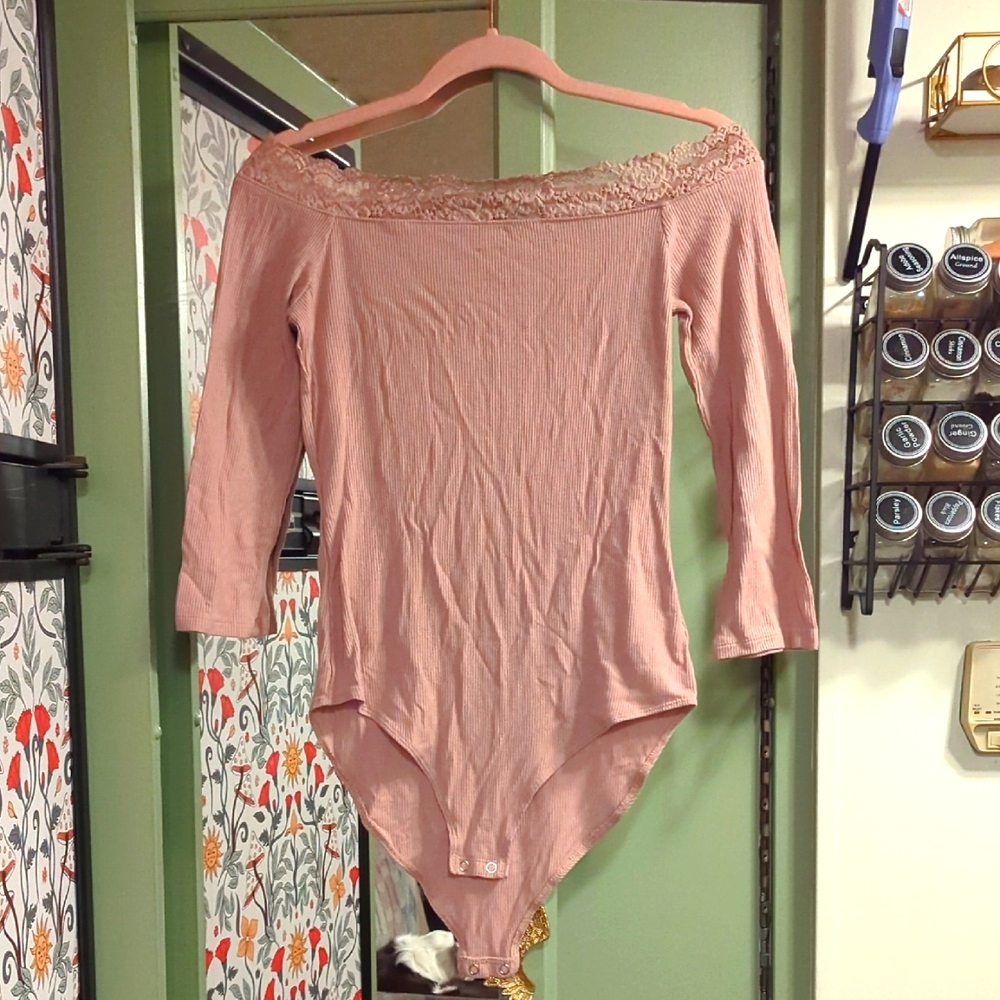 Pink Off-Shoulder Lace Trim Women's Top